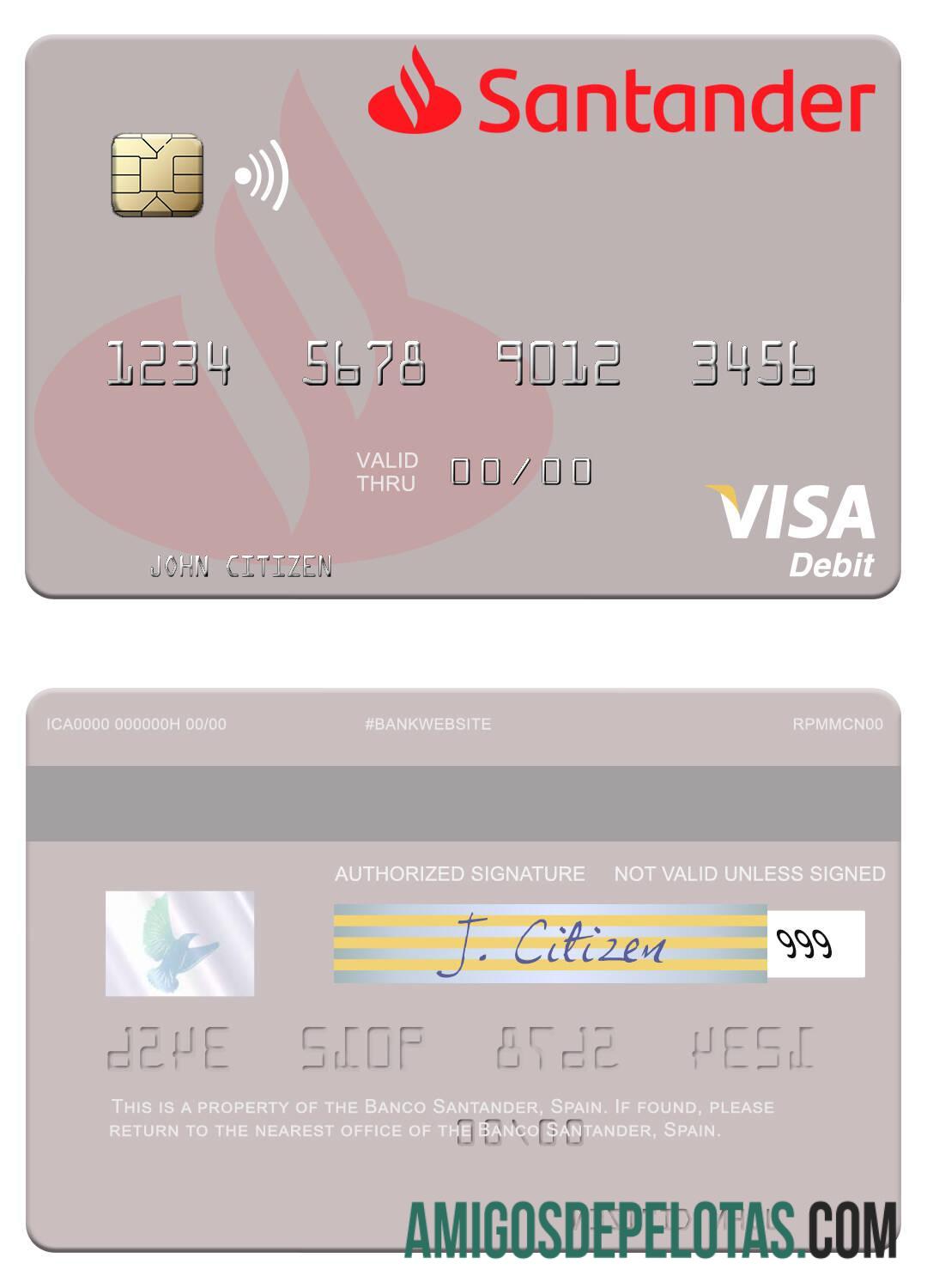 Cartão de Débito Espanha Banco Santander Visa modelo